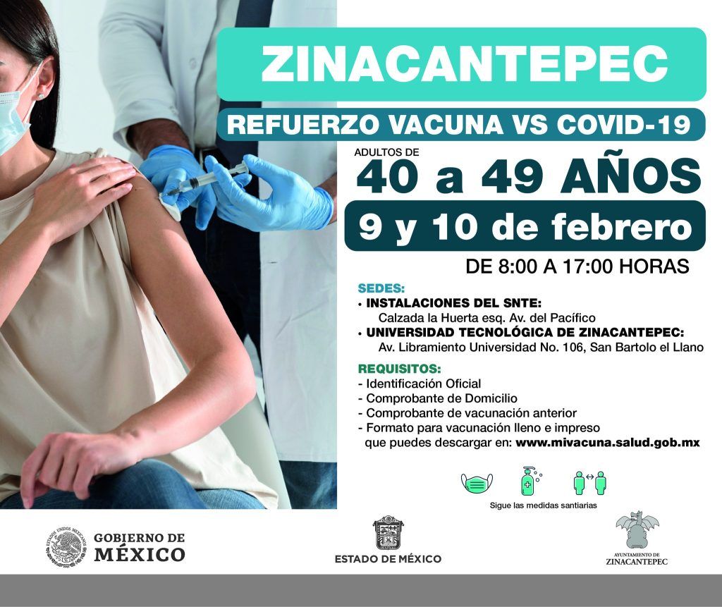 Fechas de refuerzo contra COVID-19 de 40 a 49 años en Zinacantepec