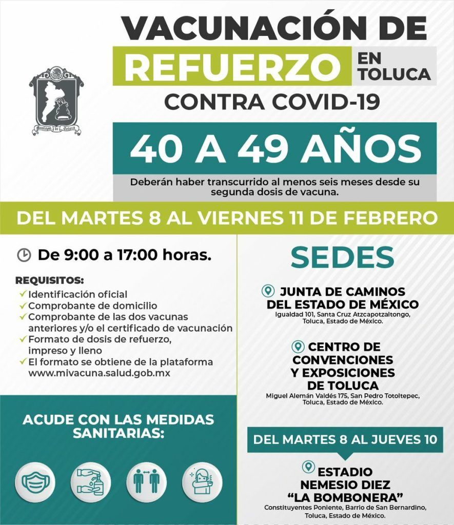 Fechas para el refuerzo contra COVID-19 para 40 a 49 años en Toluca