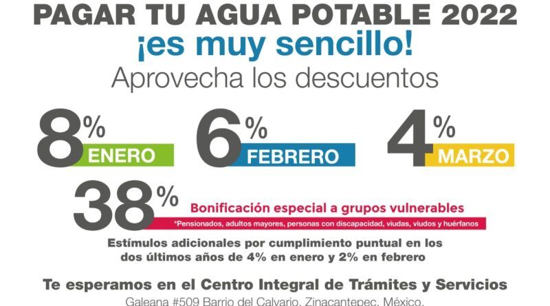 Zinacantepec ofrece descuentos en el pago de predial y agua en este 2022